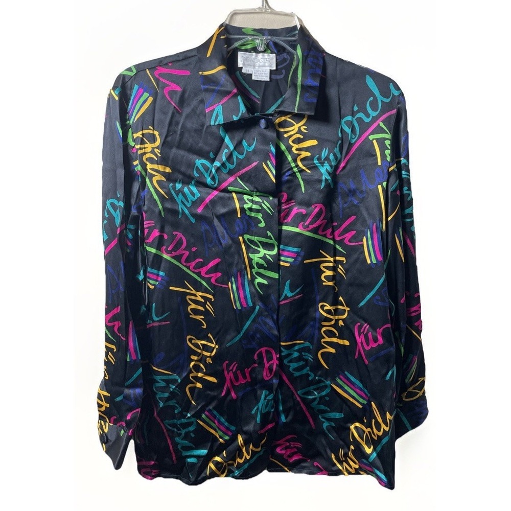 Doncaster Silks Vintage 100% Silk Colorful Black Letters Secretary Blouse 14